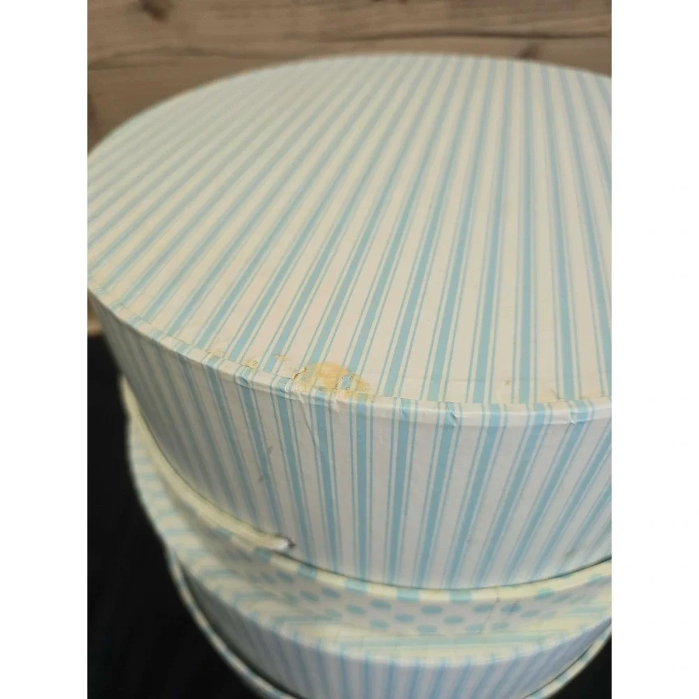 Vintage Style Round Nesting Hat Boxes Light Blue Stripes Polka Dots Set of 2